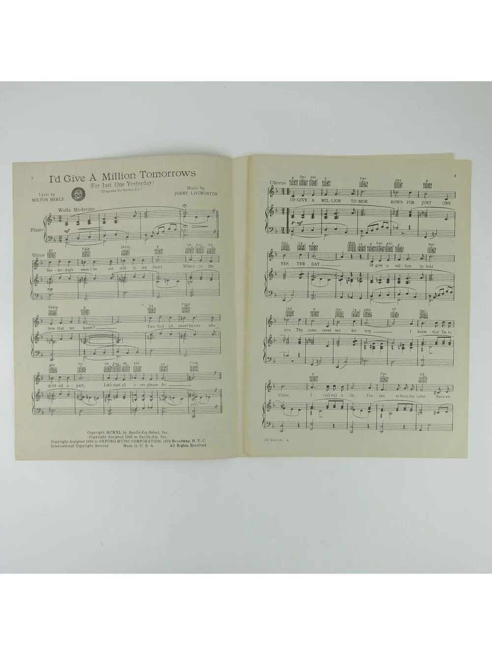 Sheet Music I'd Give A Million Tomorrows Arthur Godfrey Vintage 1940